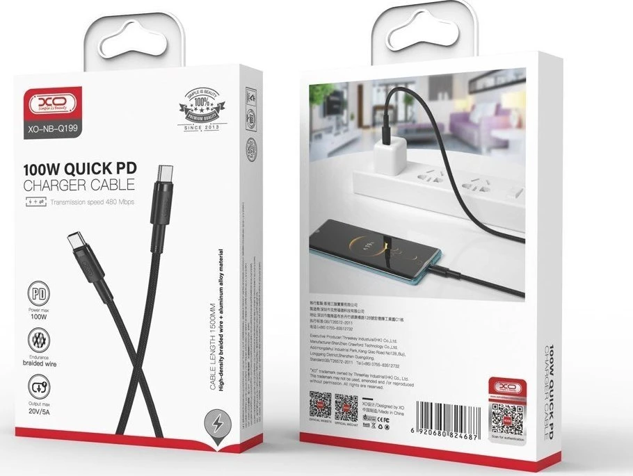 XO kabelis NB-Q199 PD USB-C – USB-C 1,5m 100W juodas