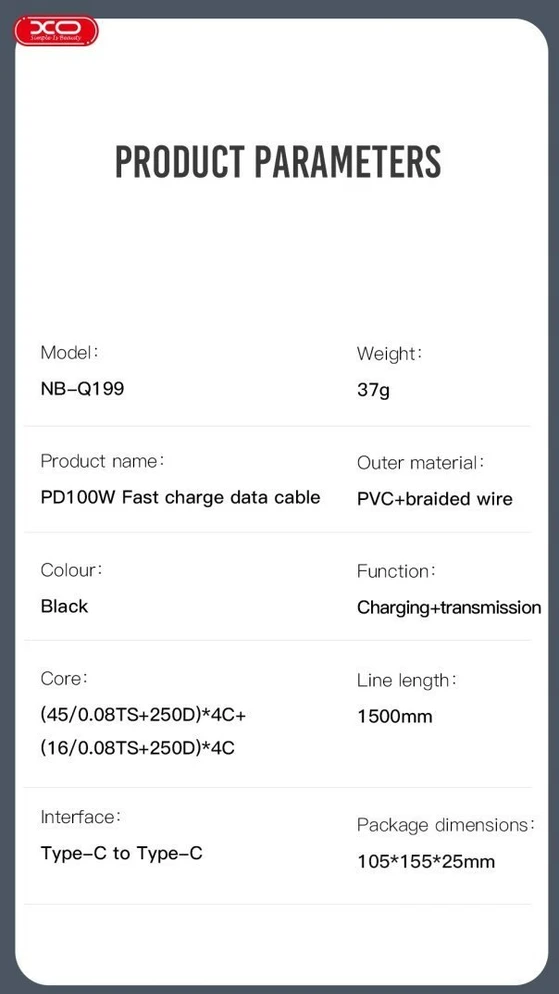 XO kabelis NB-Q199 PD USB-C – USB-C 1,5m 100W juodas