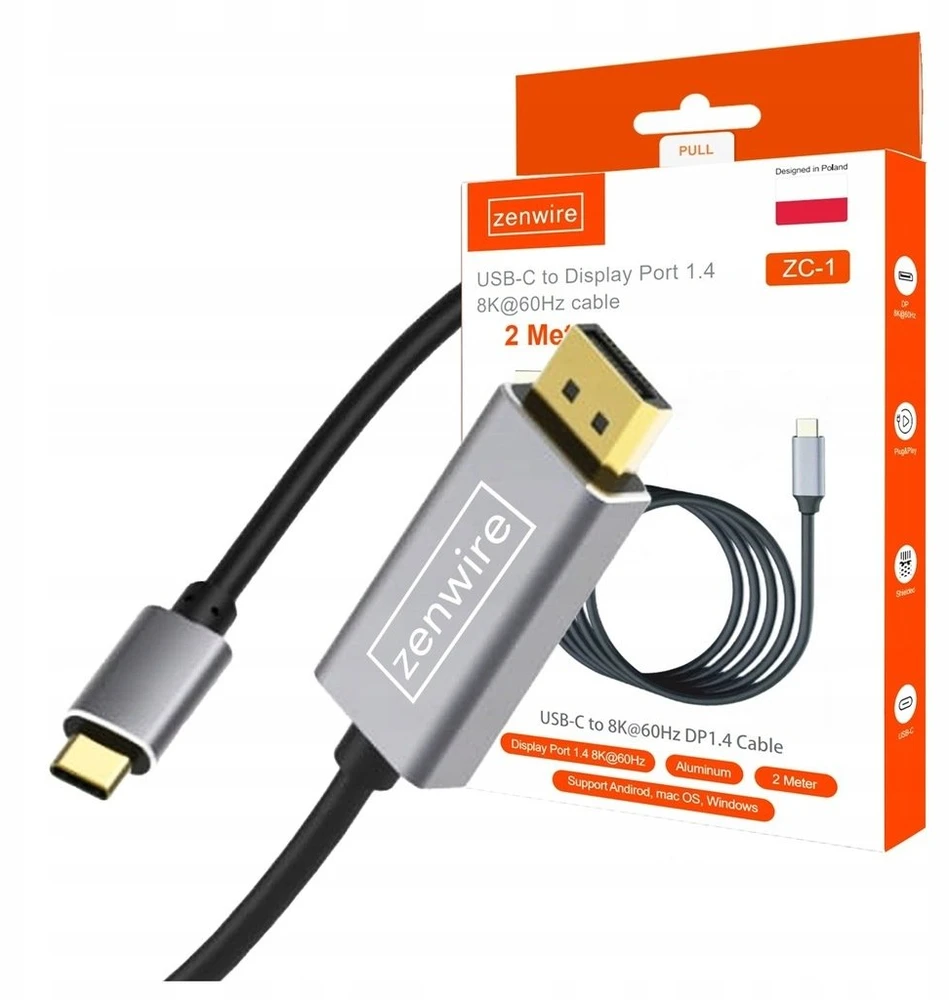 Kabelis USB Zenwire USB-C - DisplayPort 2 m Pilka (1014354000)