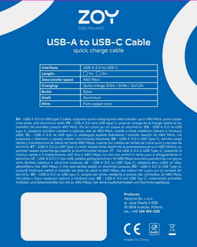 Usorteret Kabelis USB ZOY USB A – USB C standartas 3.0 1m ZCAC1