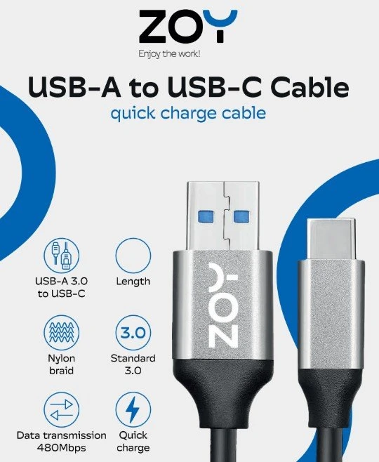 Usorteret Kabelis USB ZOY USB A – USB C standartas 3.0 1m ZCAC1