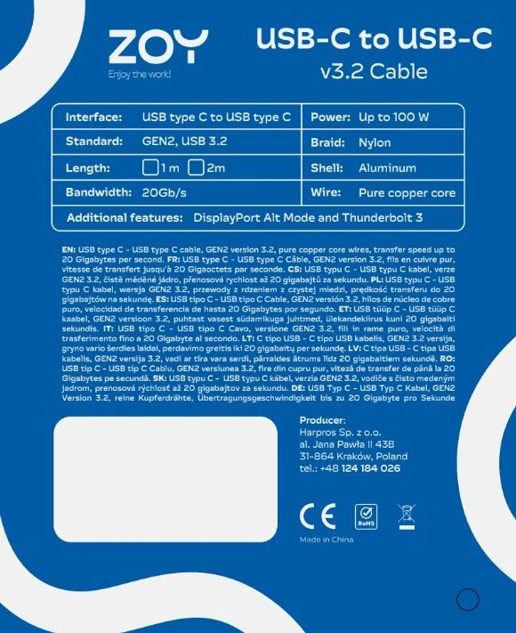 Kabelis USB ZOY USB-C - USB-C 2 m Juodai-sidabrinė (ZCCC2)