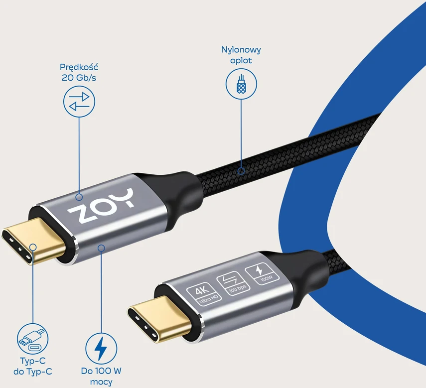 Kabelis USB ZOY USB-C - USB-C 2 m Juodai-sidabrinė (ZCCC2)