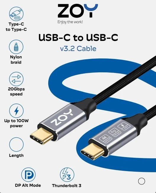 Kabelis USB ZOY USB-C - USB-C 2 m Juodai-sidabrinė (ZCCC2)