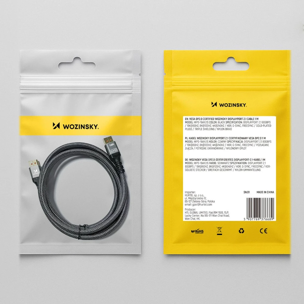 Wozinsky WPS-16AYL2S DisplayPort 2.1 80 Gb/s 16K@60Hz 8K@120Hz 4K@240Hz HDR HDCP DSC cable - juodas