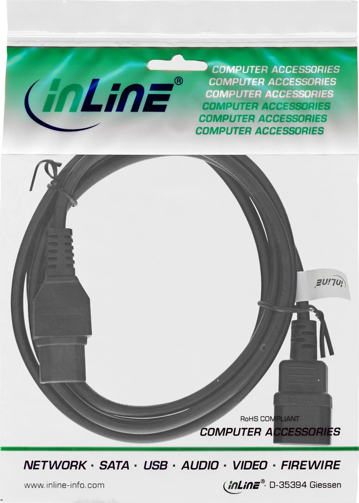 Kabelis zasilający InLine® Maitinimo kabelio ilgintuvas, karštos būklės jungtis IEC-C15 tiesiai į IEC-C14 tiesi, 1,8 m, juoda
