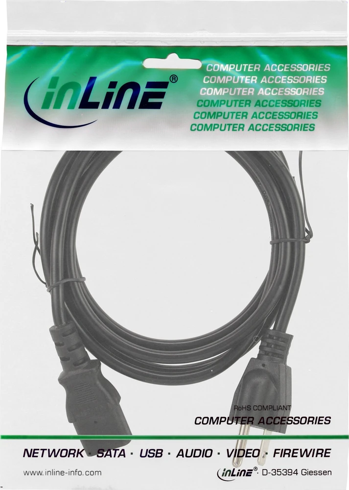 Kabelis zasilający InLine® Maitinimo kabelis, maitinimo kištukas JAV prie 3 kontaktų IEC C13 jungties, juodas, 5,0 m