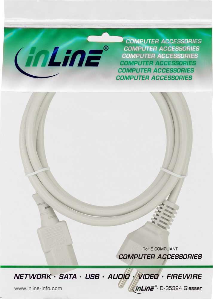 Kabelis zasilający InLine® Power cable, Type F straight to IEC connector, 5.0m, pilkas