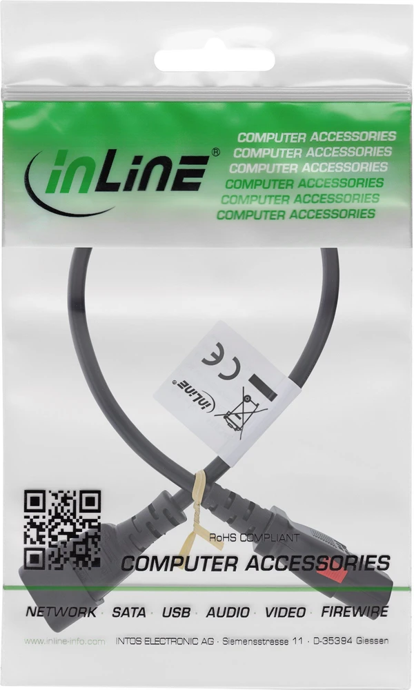 InLine maitinimo laidas Šaldymo įrenginių prailgintuvas C13 su fiksatoriumi į C14 juodas 0,5 m