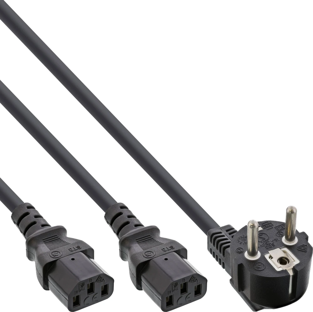 Maitinimo kabelis InLine Y tipo maitinimo kabelis 1x CEE 7/7 kampuotas / 2x 3 kontaktų IEC C13 kištukas, 1m, 1 m, F tipo kištukas, 2 x C13 lizdas