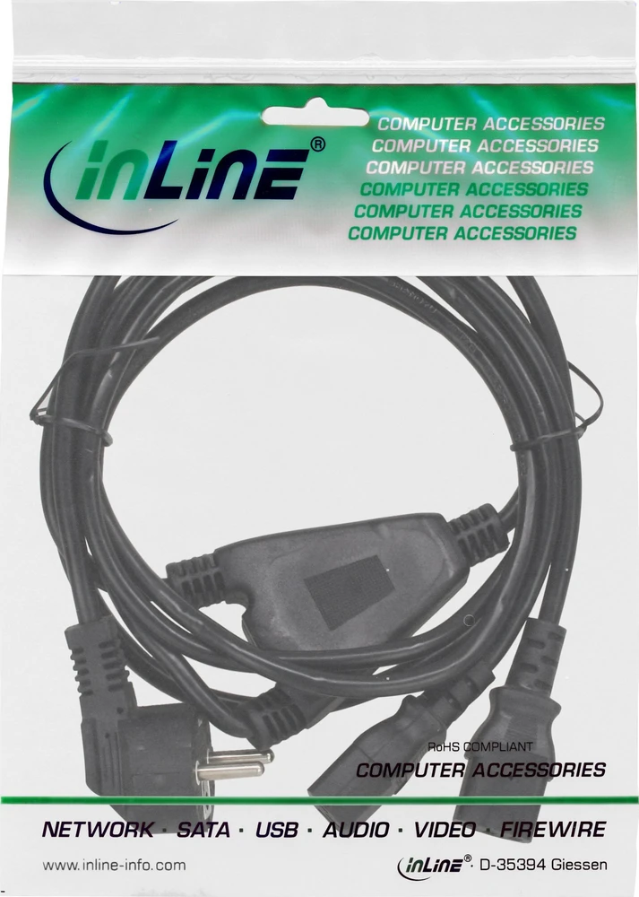 Maitinimo kabelis InLine Y tipo maitinimo kabelis 1x CEE 7/7 kampuotas / 2x 3 kontaktų IEC C13 kištukas, 1m, 1 m, F tipo kištukas, 2 x C13 lizdas