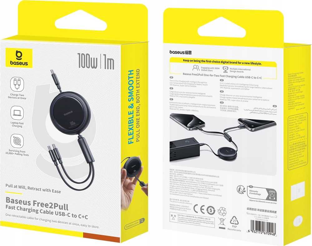 BASEUS retractable kabelis 2in1 Type C į 2 x Type C 100W 1 m juodos spalvos