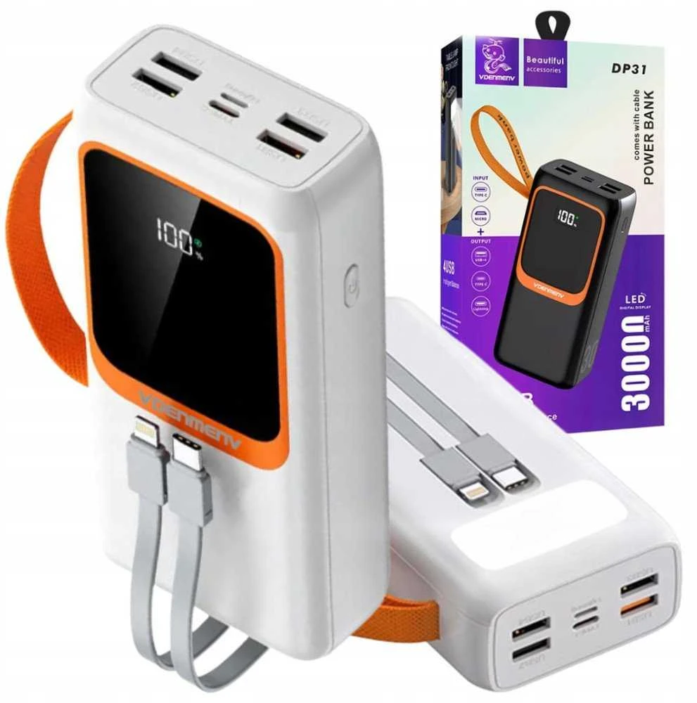 Kaku Išorinė baterija POWER BANK DENMEN 30000mAh (4xUSB; 1xUSB-C) balta