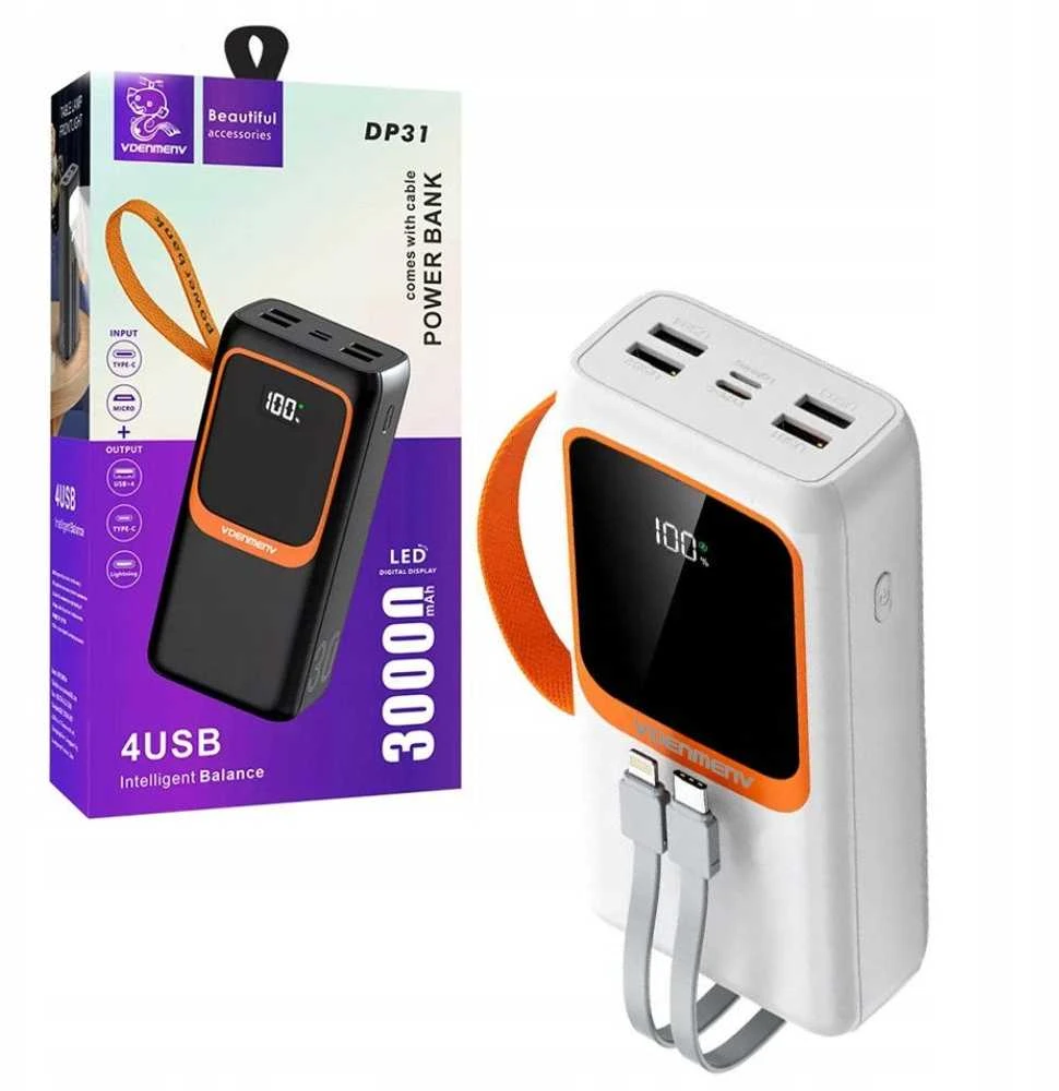Kaku Išorinė baterija POWER BANK DENMEN 30000mAh (4xUSB; 1xUSB-C) balta