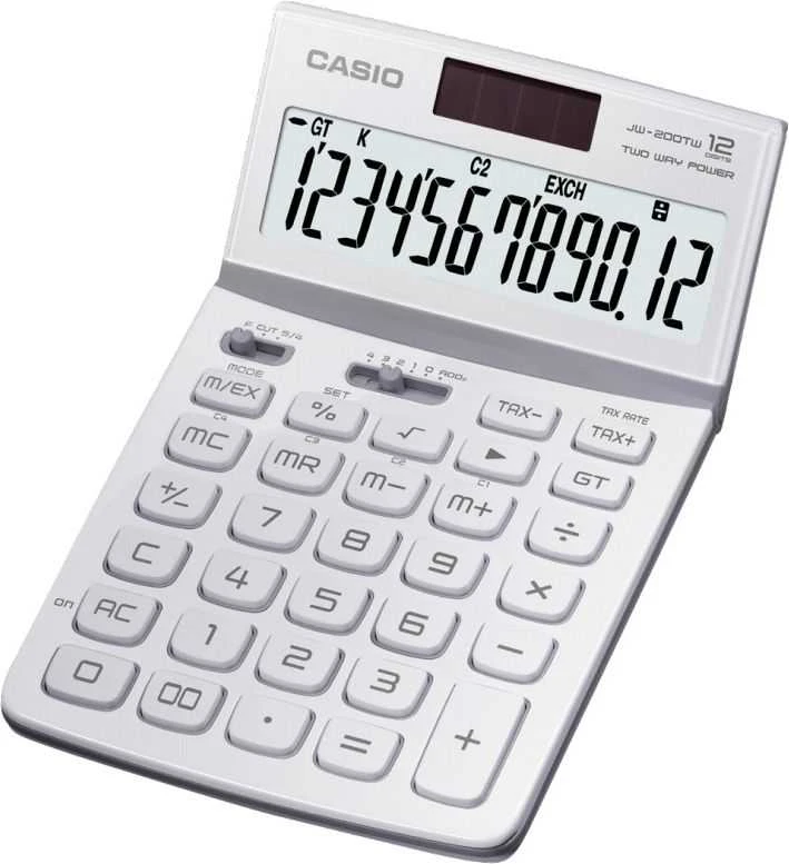 Casio JW-200TW baltas skaičiuotuvas su pasverčiamu ekranu