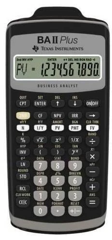 Texas Instruments BA II Plus ekranas ir mygtukų išdėstymas