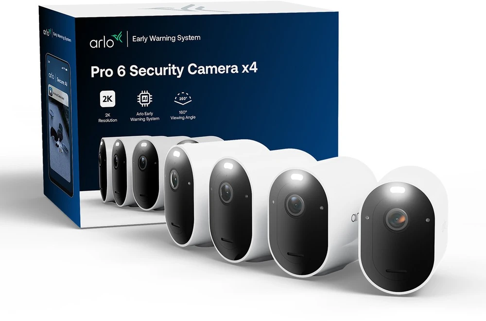 Arlo Pro 6 2K+ apsaugos kamera, 4 kamerų, IP apsaugos kamera, lauko, laidinė ir belaidė, 7,5 m, „Amazon Alexa“ ir „Google Assistant“, automatinė