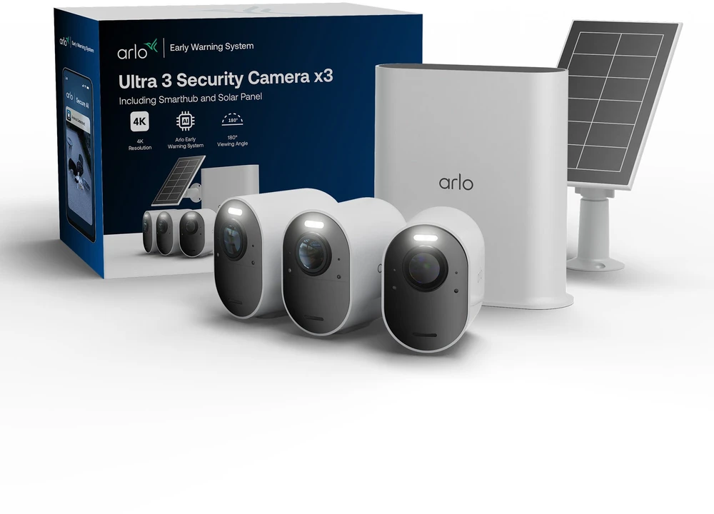 „Kamera IP Arlo Ultra 3“ apsaugos kameros rinkinys su 3 kameromis ir saulės baterija (VMC5350-111EUS)