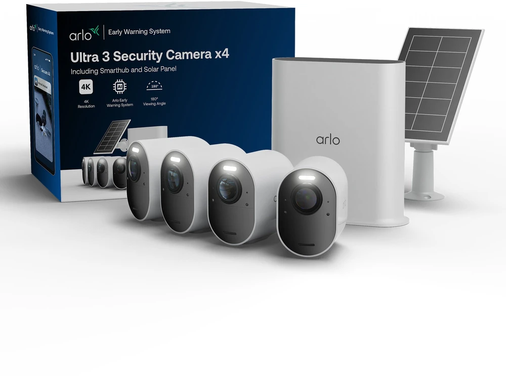 „Kamera IP Arlo Ultra 3“ apsaugos kameros rinkinys su 4 kameromis ir saulės baterija (VMC5450-111EUS)