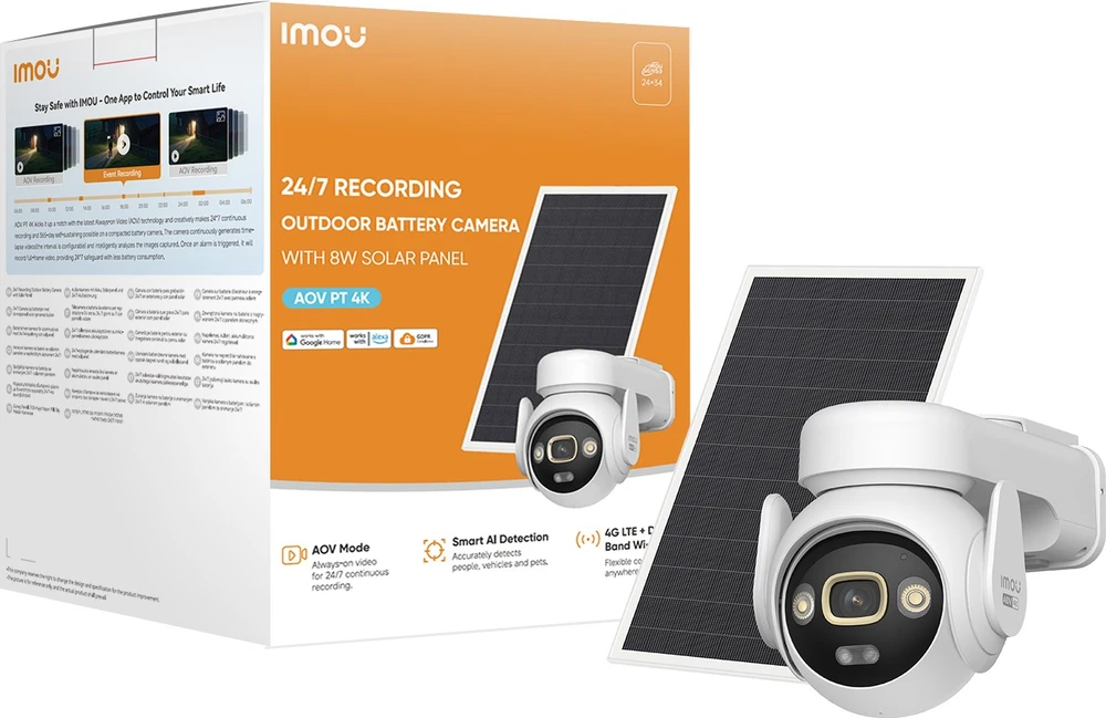 4G + WiFi belaidė stebėjimo kamera Imou AOV PT 4K SA7E-T-8M0T3/FSP008 su 8W saulės baterija
