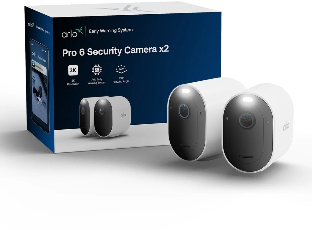 Arlo Pro 6 2K+ apsaugos kamera, 2 kamerų, IP apsaugos kamera, lauko, laidinė ir belaidė, 7,5 m, „Amazon Alexa“ ir „Google Assistant“, automatinė