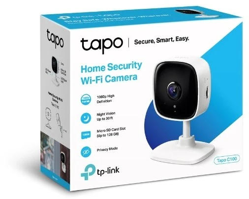 TP-LINK | Namų saugumo Wi-Fi kamera | Tapo C100 | Kubas | 3.3mm/F/2.0 | Privatumo režimas, garso ir šviesos signalas, judesio aptikimas ir pranešimai | H.264 | Micro SD, maks. 128 GB