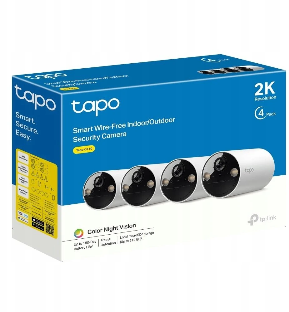 TP-Link TAPO C410 SMART WIRE-FREE SECURITYCAMERA (4 vienetų pakuotė), 1/2,8 colio progresyvaus skenavimo „Starlight“ CMOS jutiklis, židinio nuotolis: 3,17 mm, diafragma: F1,65, matymo laukas: 125° (įstrižai), 111° (horizontaliai), 56° (vertikaliai), maksimali raiška 2K 3MP (2304 × 1296 pikselių)