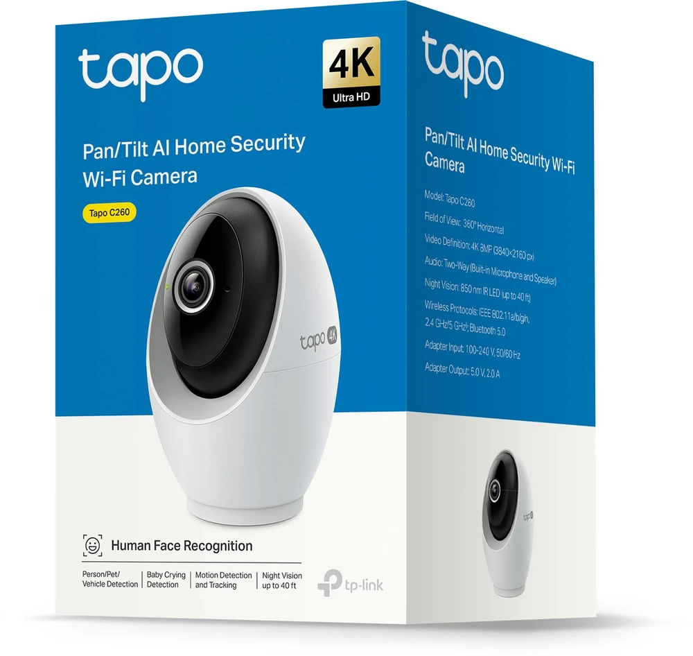 Šakotuvas IP kamera TP-Link Tapo C260 V1 – tinklo stebėjimo kamera – pasukama ir pakreipiama – spalvota (diena ir naktis) – 8 MP – 3840 x 2160 – 4K – garso – belaidė – Wi-Fi – 2.4GHz radijo, 5GHz radijo, Bluetooth 5.0 – H.265, H.264