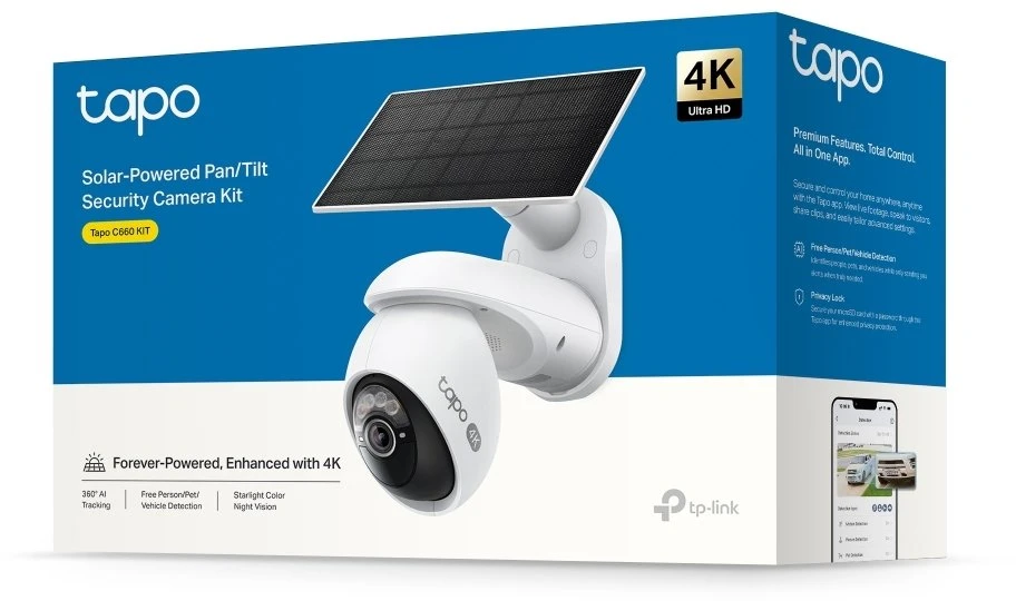 Kamera IP TP-Link Tapo C660 KIT V1 – saulės energija maitinamas vaizdo stebėjimo kamerų rinkinys – tinklo stebėjimo kamera – pasukama / pakreipiama – lauko – atspari oro sąlygoms – spalvota (diena ir naktis) – 8 MP – 3840 x 2160 – 4K – pastovus židinio nuotolis – garso – belaidė