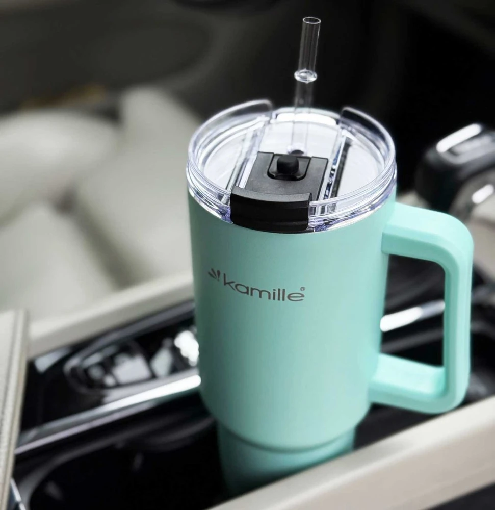 Kamille STALOWY Termo puodelis Termosas 1200ml Z RĄCZKĄ I SŁOMKĄ KM-2175