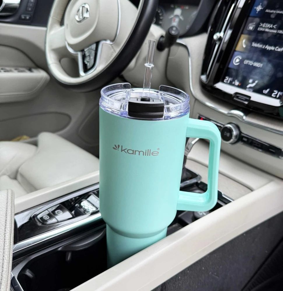 Kamille STALOWY Termo puodelis Termosas 1200ml Z RĄCZKĄ I SŁOMKĄ KM-2175