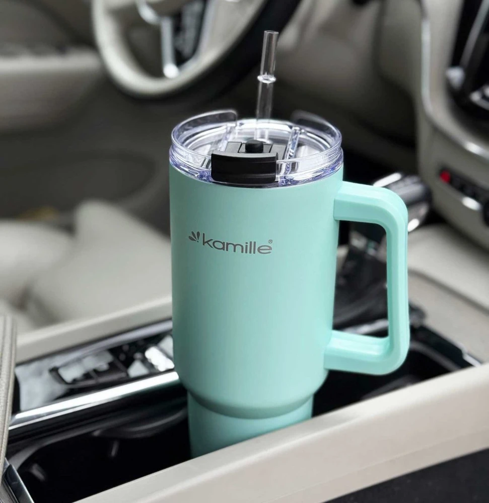 Kamille STALOWY Termo puodelis Termosas 1200ml Z RĄCZKĄ I SŁOMKĄ KM-2175