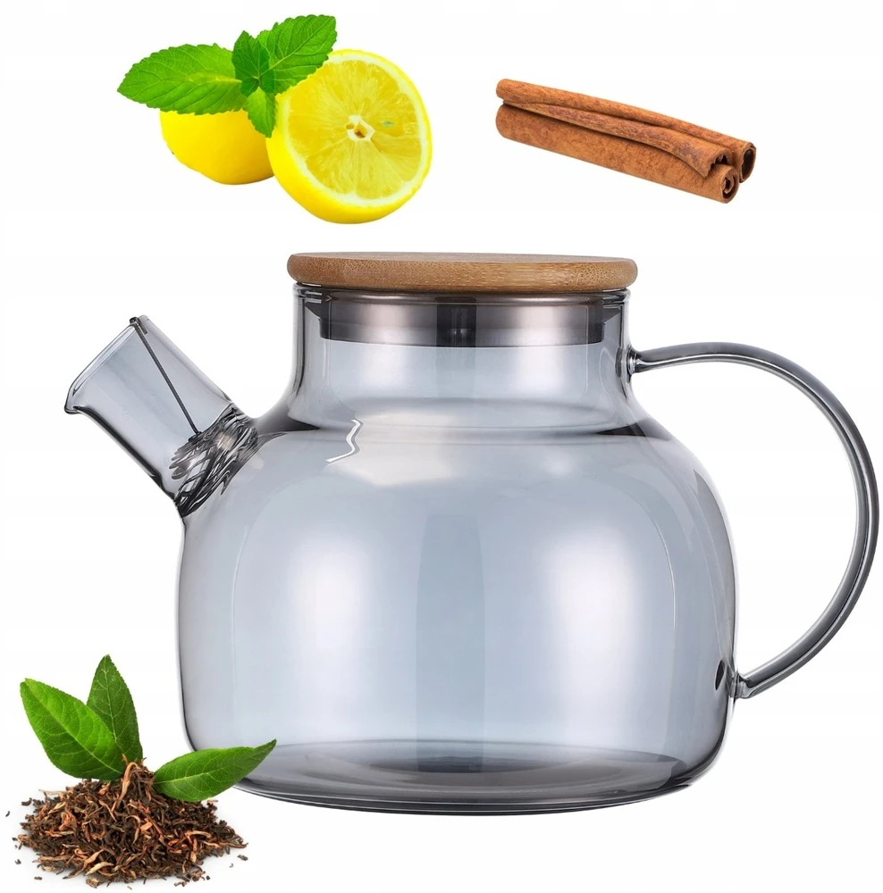 Pilko stiklo arbatinukas su mediniu dangteliu 1000 ml