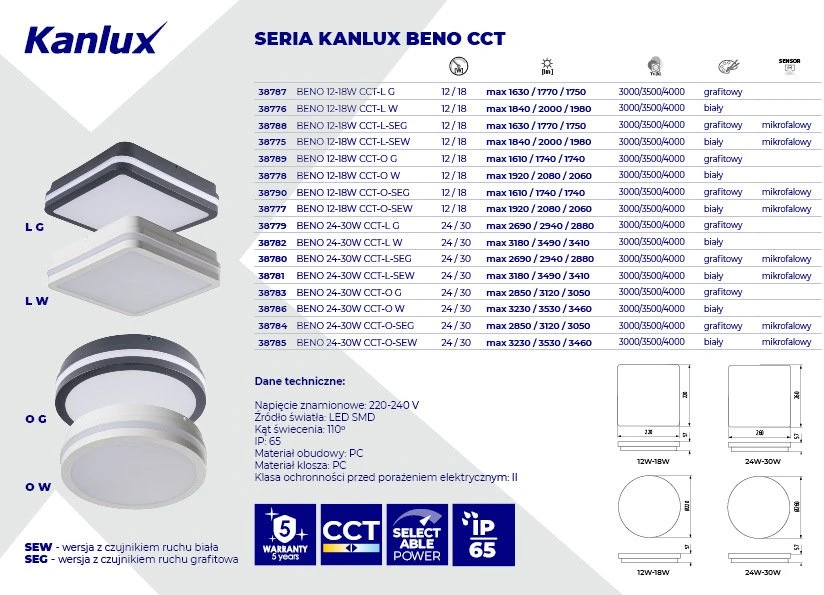 Kanlux lubinis šviestuvas LED BENO 12-18W CCT-O G 1070-1740lm 3000-4000K šilta/neutrali IP65 apvali Ø22 II klasė 5 metų garantija grafito spalvos 38789