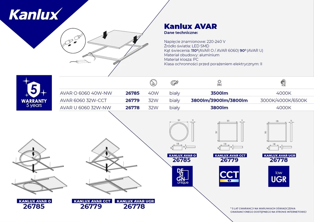Kanlux LED apšvietimo rėmelis AVAR 6060 32W-CCT 3800lm (WW)/3900lm (NW)/3800lm (CW) 3000/4000/6500K IP20 II klasė 5 metų garantija balta 26779