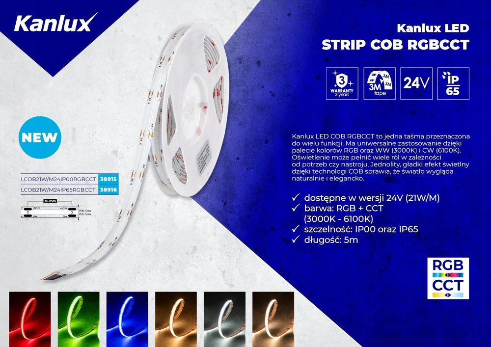 Kanlux LED juostelė 12V LCOB 3W/M 12 IP65-WW 276lm/m 3000K 5m ritinėlis IP65 3 metų garantija 39162