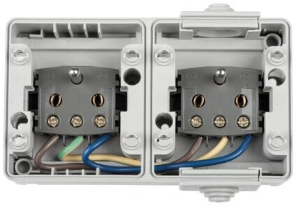 Kanlux prancūziškas dvigubas maitinimo lizdas su apsauga nuo kontakto TEKNO IP65GR GN1x2P+Z hermetiškas paviršinis montavimas IP65 pilkas 39224