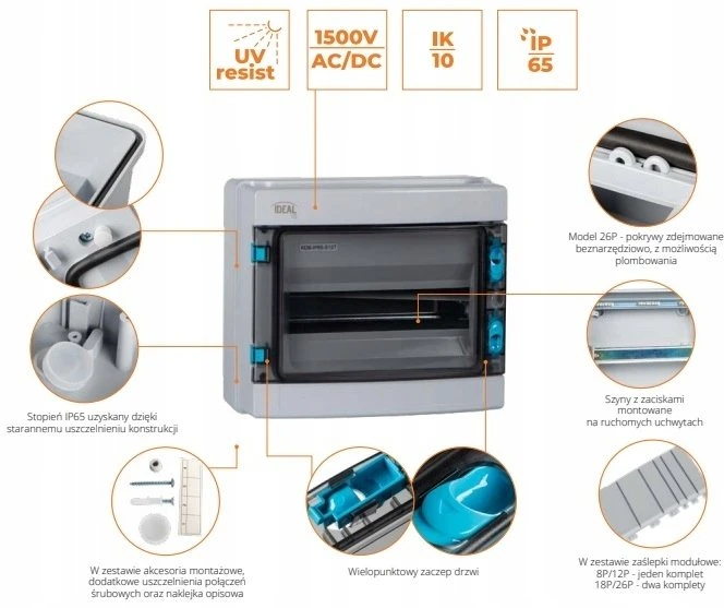 Kanlux Modulinė paskirstymo dėžutė plastikinė 3X18 viršutinė IP65 IK10 N+PE II klasė durelės pilkos permatomos KDB-IP65-S54T pilka (38456)