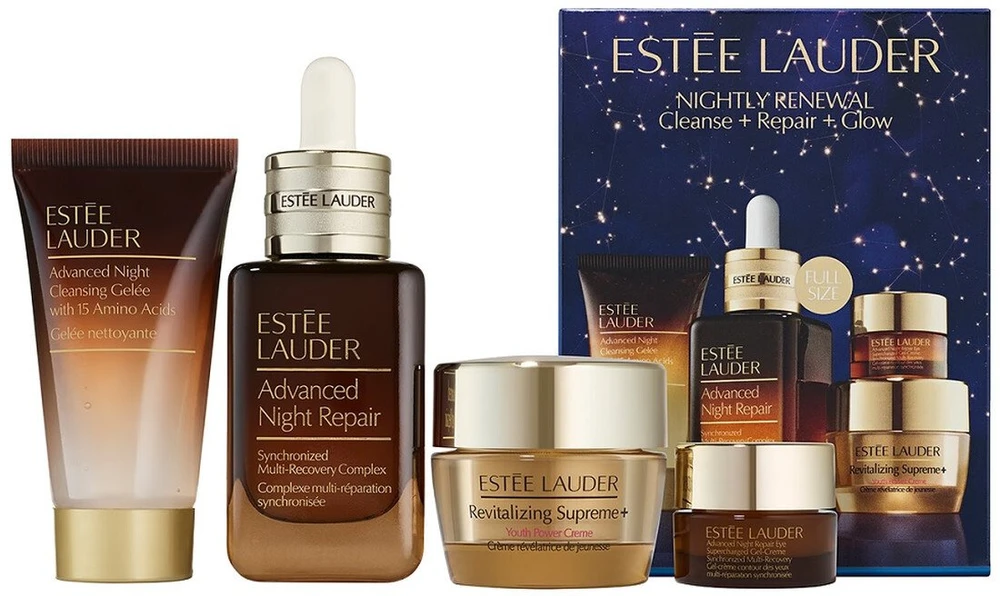 „Estee Lauder“ naktinis atnaujinamasis valiklis + atkuriamasis valiklis + švytėjimas, 50 ml +, 30 ml +, 15 ml + 5 ml