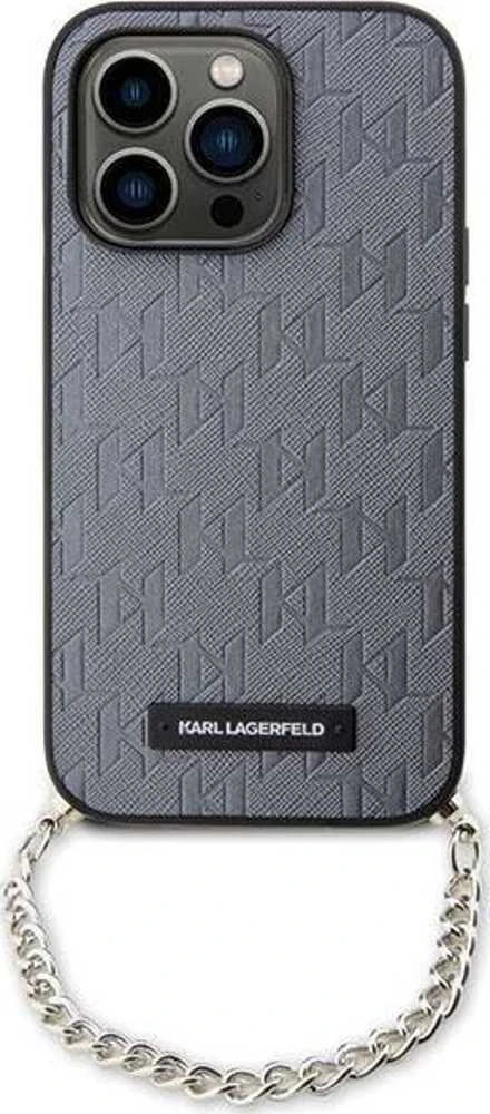 Karl Lagerfeld dėklas iPhone 14 Pro 6,1 KLHCP14LSACKLHPG sidabrinis kietasis dėklas Saffiano Mono Chain