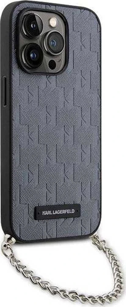 Karl Lagerfeld dėklas iPhone 14 Pro 6,1 KLHCP14LSACKLHPG sidabrinis kietasis dėklas Saffiano Mono Chain