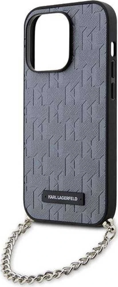 Karl Lagerfeld dėklas iPhone 14 Pro 6,1 KLHCP14LSACKLHPG sidabrinis kietasis dėklas Saffiano Mono Chain