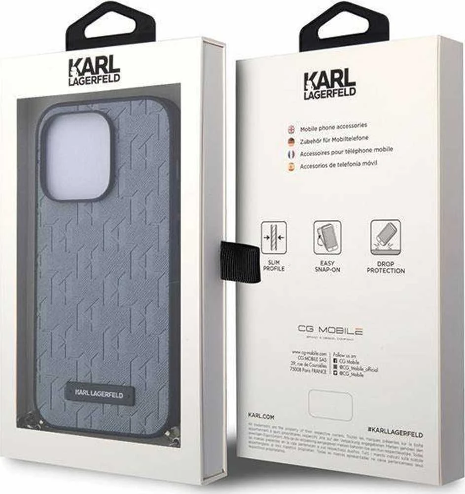 Karl Lagerfeld dėklas iPhone 14 Pro 6,1 KLHCP14LSACKLHPG sidabrinis kietasis dėklas Saffiano Mono Chain