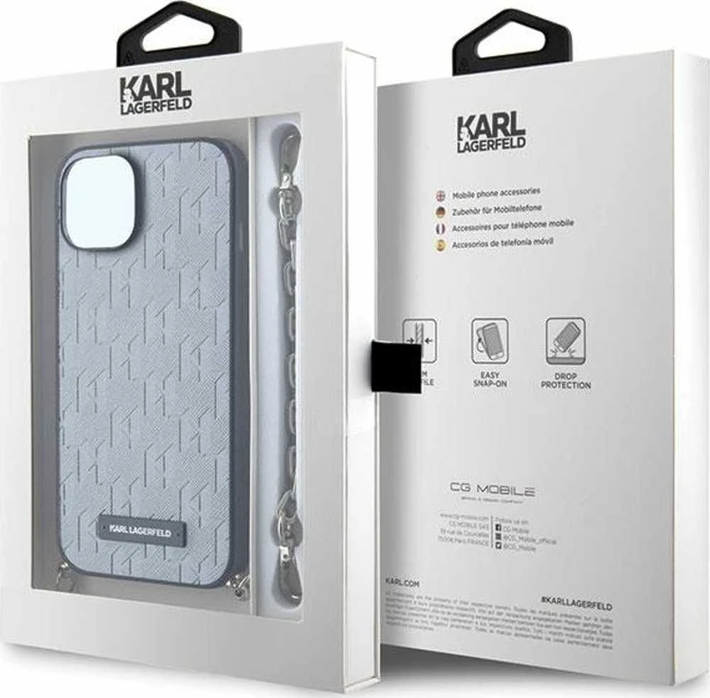 Karl Lagerfeld KLHCP14SSACKLHPG Apple iPhone 14 / 15 / 13 6.1″ sidabrinis kietas dėklas Saffiano Monogram Ch