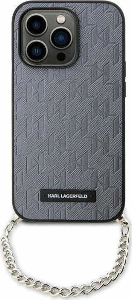Karl Lagerfeld KLHCP14SSACKLHPG Apple iPhone 14 / 15 / 13 6.1″ sidabrinis kietas dėklas Saffiano Monogram Ch