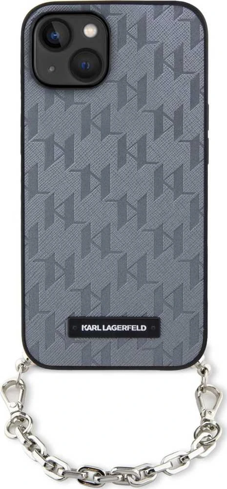 Karl Lagerfeld KLHCP14SSACKLHPG Apple iPhone 14 / 15 / 13 6.1″ sidabrinis kietas dėklas Saffiano Monogram Ch