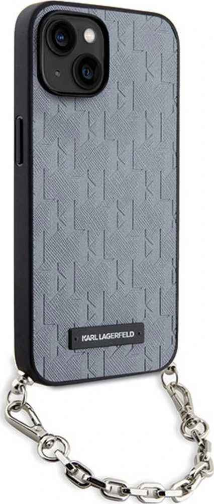 Karl Lagerfeld KLHCP14SSACKLHPG Apple iPhone 14 / 15 / 13 6.1″ sidabrinis kietas dėklas Saffiano Monogram Ch