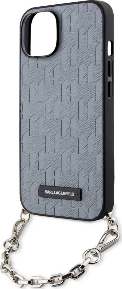 Karl Lagerfeld KLHCP14SSACKLHPG Apple iPhone 14 / 15 / 13 6.1″ sidabrinis kietas dėklas Saffiano Monogram Ch