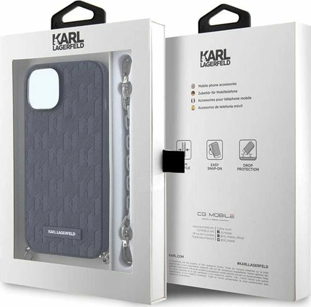 Karl Lagerfeld KLHCP14SSACKLHPK Apple iPhone 14 / 15 / 13 6.1″ juodos spalvos kietas dėklas Saffiano Monogram Chai