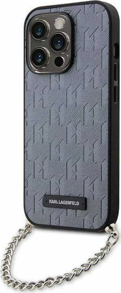 Karl Lagerfeld Saffiano Monogram Chain - dėklas skirtas Apple iPhone 14 Pro Max Sidabrinis